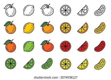 Citrus icon set. Colour vector isolated icons. Vintage engraving style. Orange, lime, lemon and others. Perfect for restaurants, cafe, bars, food courts, beverages or any web and app projects. 