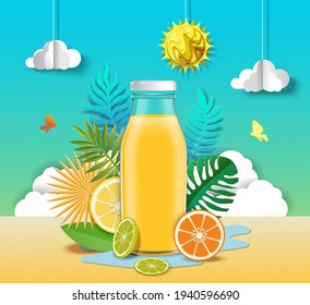 Citrus juice advertising poster design template. Realistic juice glass bottle and paper cut fresh orange, lemon fruits, vector illustration. Healthy refreshing citrus beverage ads.