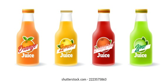 Citrus juice bottles. Grapefruit lime orange lemon juicy drinks creative brand bottle set, citrous bottled smoothie isolated on white background