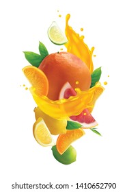 Citrus juice colored composition with realistic fresh fruits and splash of juice on white background vector illustration 