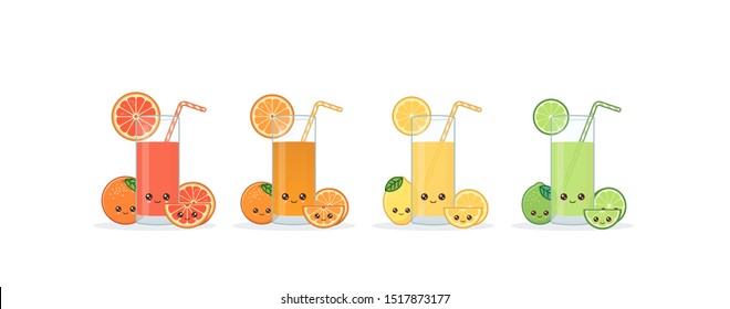 Citrus juice. Cute kawai smiling cartoon juice with slices in a glass with juice straw.