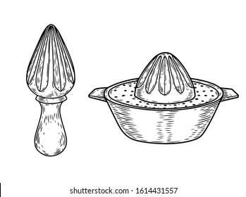 Citrus juice squeezer. Juice squeezer hand drawn engraved vector illustration isolated on white background.