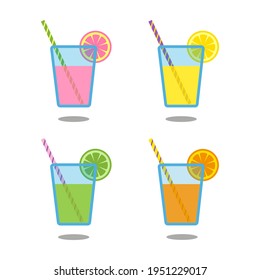 Citrus juices or cocktails, including orange, lemon, grapefruit and lime, in blue glasses with striped straws and citrus slices and shadows, isolated on white background