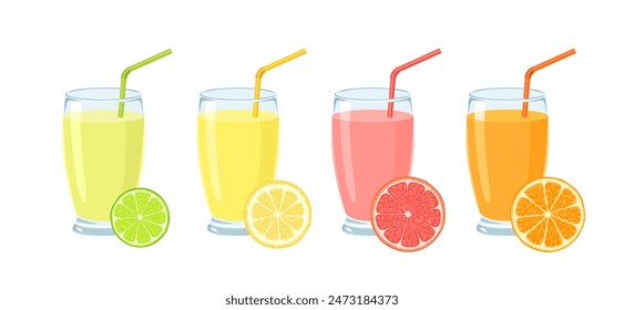 Citrus juices in glasses with straws. Lime, orange, lemon and grapefruit drinks and fresh slices. Vector cartoon illustration.