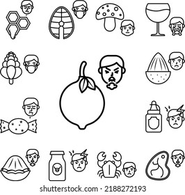 Citrus, limón, icono de cara alérgica en una colección con otros ítems
