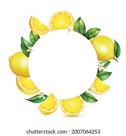 Citrus lemon fresh fruit leaves blossoms realistic circular composition round frame on white background isolated image vector illustration