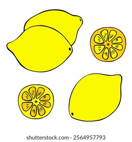 Citrus lemon fruit doodle icon collection, Whole, slice, black contour, yellow flat color, isolated on a white background. Suitable for web design, prints, menus, branding, recipe designs etc.