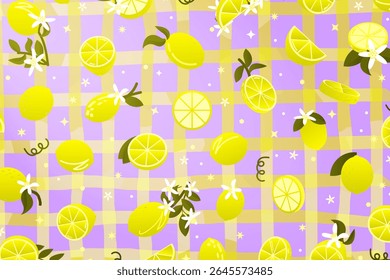 Citrus Lemon fruta estampada banner de fundo com luz solar derramando do canto superior direito, em padrão quadriculado amarelo e azul. Fatias de limão e limão espalhadas com folhas e flores. Verão BG.