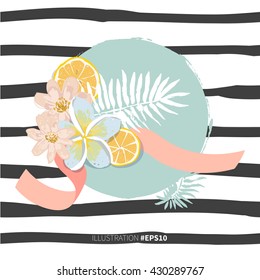 Citrus lemon fruit slices with tropical flowers vector circle ornament on stripe line seamless pattern. Vintage design, greeting card, fashion fabric, invitation, banner, drink menu, summer poster.