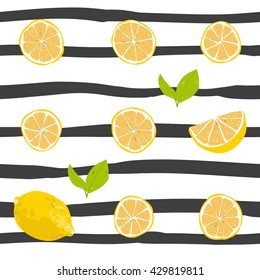 Citrus lemon fruit vector drawing set on stripe seamless pattern. Vintage flat design for postcard, greeting card, fashion fabric, invitation, banner, poster.