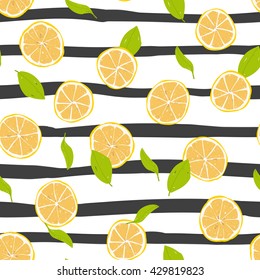 Citrus lemon fruit vector drawing set on stripe seamless pattern. Vintage flat design for postcard, greeting card, fashion fabric, invitation, banner, poster.