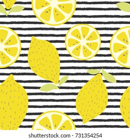 Citrus lemon fruit vector drawing set on stripe seamless pattern. Vintage flat design for postcard, greeting card, fashion fabric, invitation, banner, poster.
