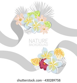 Citrus lemon and lime fruit slices with exotic tropical flower decoration on ribbon background. Vintage postcard design, card, fashion fabric, invitation, banner, drink menu, summer poster.