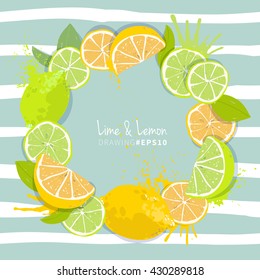 Citrus lemon and lime fruit slices vector ornament circle on stripe line seamless pattern. Vintage postcard design, greeting card, fashion fabric, invitation, banner, cafe drink menu, summer poster.