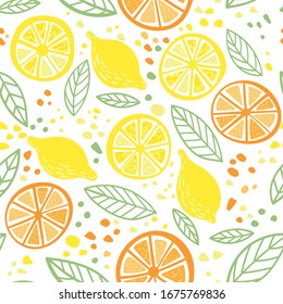 Citrus lemon and orange with leaves colorful seamless pattern. Can be printed and used as wrapping paper, wallpaper, textile, fabric, apparel, etc.