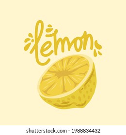 Afiche de limón de cítricos. Ilustración vectorial con la inscripción limón y fruta. Un jugoso trozo de fruta amarilla. Ilustración del vector