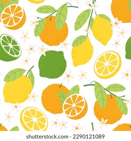 Citrus lemon seamless pattern. Print oranges and limes, decorative bright summer background. Tropical fruits backdrop, fresh racy vector texture