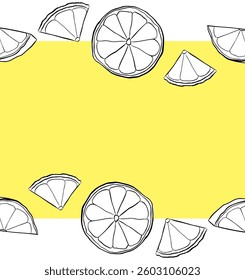 Citrus lemon slices horizontal seamless border frame. black and white colored Vector graphic line ink pattern background border. Design for menu, package, cosmetic, textile, package.
