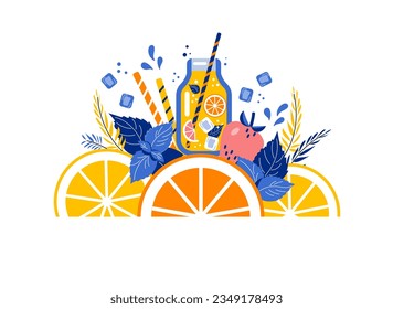 Citrus lemonade in glass jar with fruits, ice and ingredients. Lemon, strawberry, mint, ice cubes composition. Summer refreshment and drink. Vector illustration.