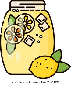 Citrus lemonade with orange, lemon, mint and ice cubes. Summer drink. Homemade recipe. Design for menu, cookbook, stickers. Vector illustration