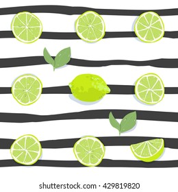 Citrus lime fruit vector drawing set on stripe seamless pattern. Vintage flat design for postcard, greeting card, fashion fabric, invitation, banner, poster.