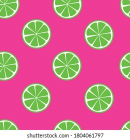 Citrus lime tropical fruit seamless pattern isolated on pink purple background. Summer fresh background. Candy sweet green lobules juice. Healthy food. 