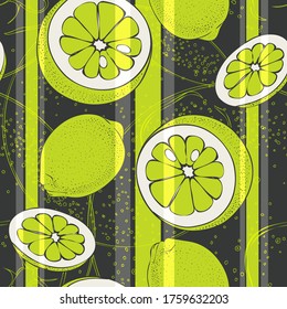 Citrus. Limon. Lemon. Lime.  Plant. Meal. Seamless vector pattern with citrus, geometry and lines. Hand drawing.