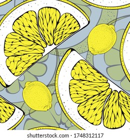 Citrus. Limon. Lime. Orange. Plant. Meal. Seamless vector pattern with lemons. Hand drawing.