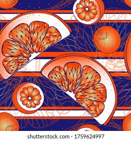 Citrus. Limon. Lime. Orange. Plant. Meal. Seamless vector pattern with citrus, geometry and lines. Hand drawing.