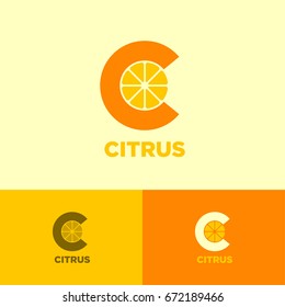 Citrus Logo. Vitamin C icon. From monogram. Letter C with slices of citrus on a light background. Identity. Logo in different colors.