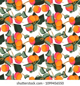 Citrus mandarin fruit seamless vector pattern. Orange on branches dense food fresh background.