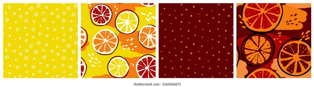 Citrus mix, fizzy drink, lemonade seamless pattern. Colorful kitchen textile or product packaging background with grapefruit and lemon slices in orange, red and yellow colors.