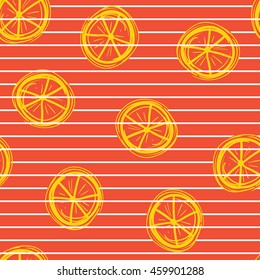 Citrus on red background. Strips. Vector seamless pattern . Marine theme. 