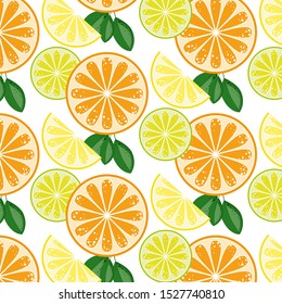 Citrus on white background. Vector pattern. Orange, lime, lemon.