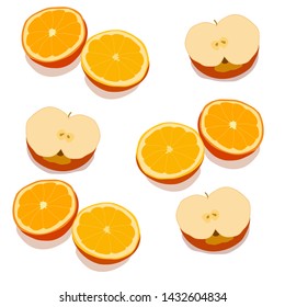 Citrus orange and apple cut in two. Healthy food juicy fruit of orange and apple. Vitamin food for a healthy diet.