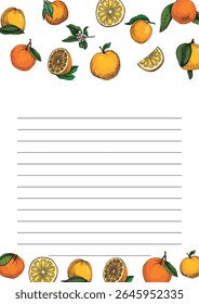 Citrus and Orange Blossom Vintage hand drawing fruit isolated on white background. Tangerine. Organic fruit. Cartoon style. Vector illustration for any design.