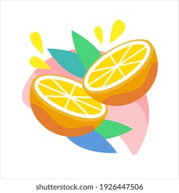 Citrus orange fruit icon with juicy drops and leaves. Orange half cutted. Illustration in isometric minimalistic style and trendy fashion color. Vector isolated on white background.