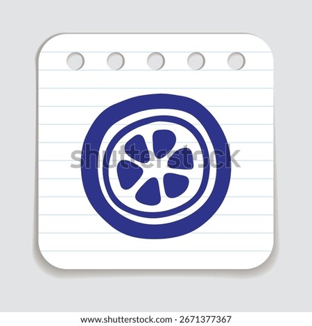 Citrus orange or lemon doodle icon hand drawn with blue pen on a notepaper