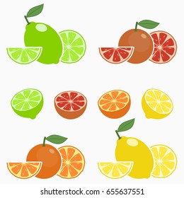Citrus. Orange, lime, lemon, grapefruit. Set of whole fruit with slice, half and leaf. Vector illustration.