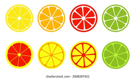 Citrus orange slice icon shape set. Lime colors logo sign collection. Vector illustration image. Isolated on white background.