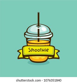 Citrus orange smoothie vector illustration. Natural fresh juice. Plastic cup and ribbon with text place. Detox menu.