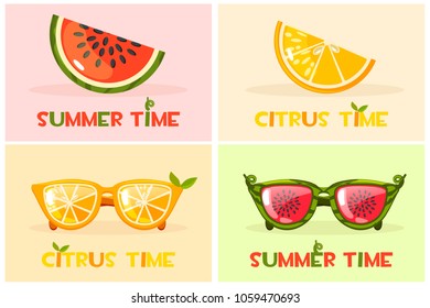 Citrus orange and Watermelon glasses. Vector Set Hello Summer time,