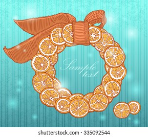 citrus orange wreath with a bow on a blue background, vector illustration