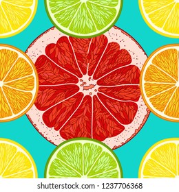 Citrus oranges, lemons, grapefruits, limes and tangerines rings hand drawn seamless backdrop.