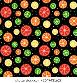 Citrus pattern. Black vector background with colorful slices of orange, lemon, grapefruit and lime. Repeating summer design, print with simple fruit slices