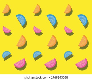Citrus pattern of different colors on yellow background. Texture for summer theme. Colorful and tropical.