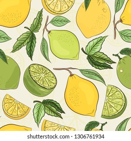 Citrus pattern. Lemon, peppermint,lime juicy wallpaper. Summer fresh background collection.