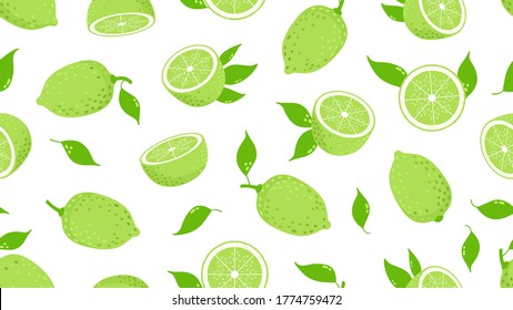 Patrón cítrico. Cortes de limón, fruta fresca y jugosa al fondo. Textura sin fisuras del vector de alimento verde vitamínico aislado