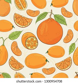 Citrus pattern. Mandarin and kumquat juicy wallpaper. Summer fresh background collection.