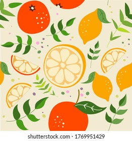 Citrus pattern. Seamless fruit pattern. Seamless background. Lemons pattern. Fruit background. Lemon. Orange. Colorful wallpaper. Lemon slice. 